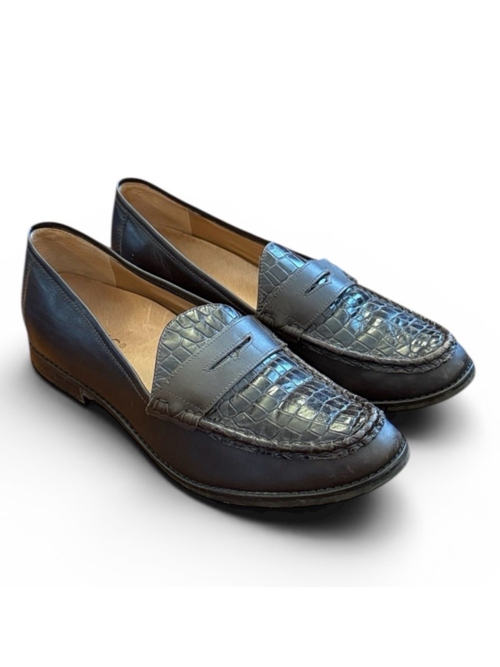 Vionic Waverly Loafers 9 Brown Croc Embossed Leather Orthotic Comfort Penny Shoe